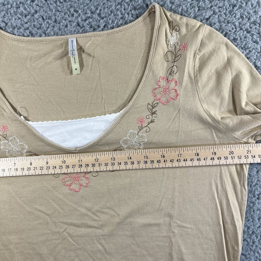 WHITE STAG TOP WOMENS MEDIUM BEIGE FLORAL V NECK 3/4 SLEEVE Y2K COTTON SHIRT - Picture 6 of 8